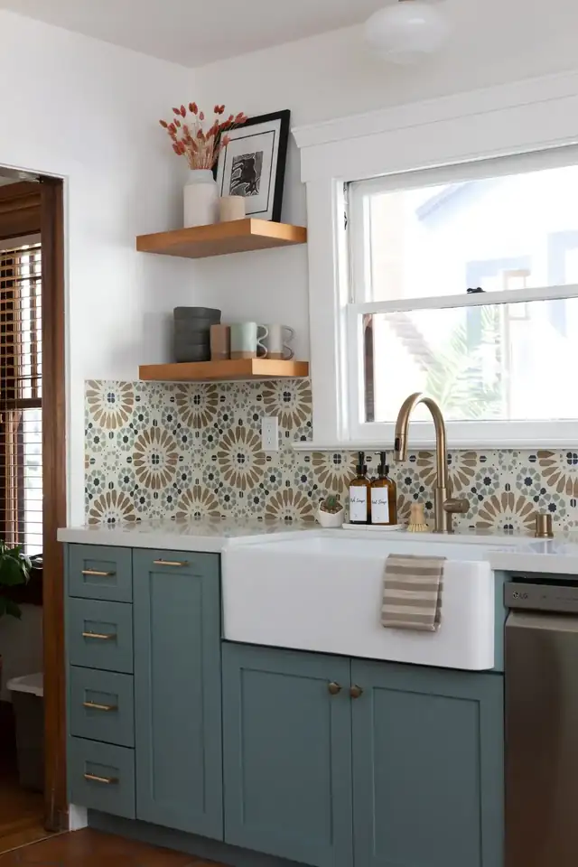 North Park craftsman kitchen corner with teal cabinets and farmhouse sink